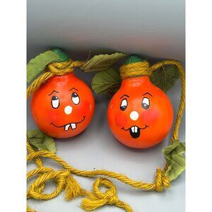 VTG Polish Halloween Pumpkin Glass Electric Light Bulbs Ornament Poland Raffia